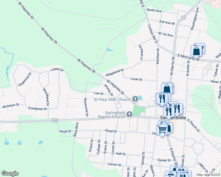 map of restaurants, bars, coffee shops, grocery stores, and more near 514 Kinney Street in Sandersville