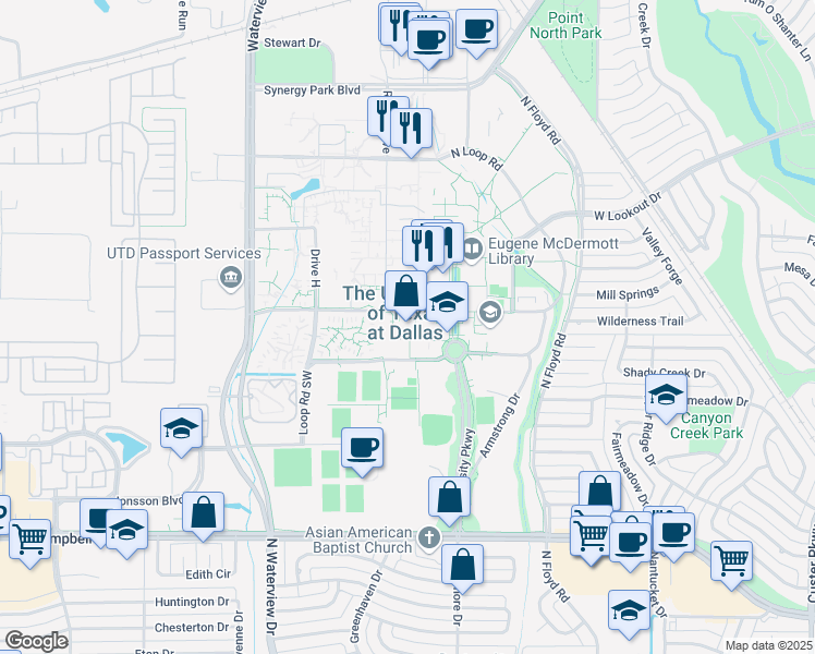 map of restaurants, bars, coffee shops, grocery stores, and more near 842 Loop Road Southwest in Richardson