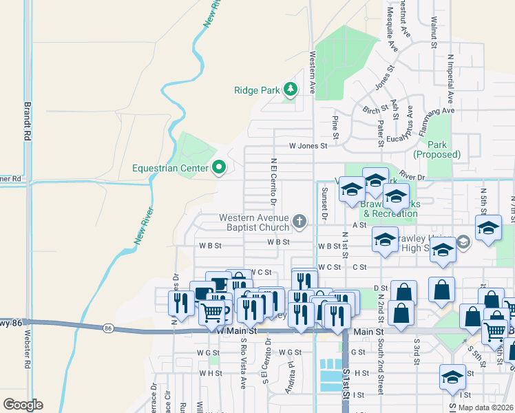 map of restaurants, bars, coffee shops, grocery stores, and more near 357 West Magnolia Street in Brawley