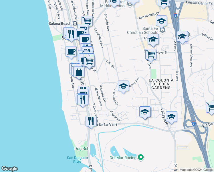 map of restaurants, bars, coffee shops, grocery stores, and more near 680 West Solana Circle in Solana Beach