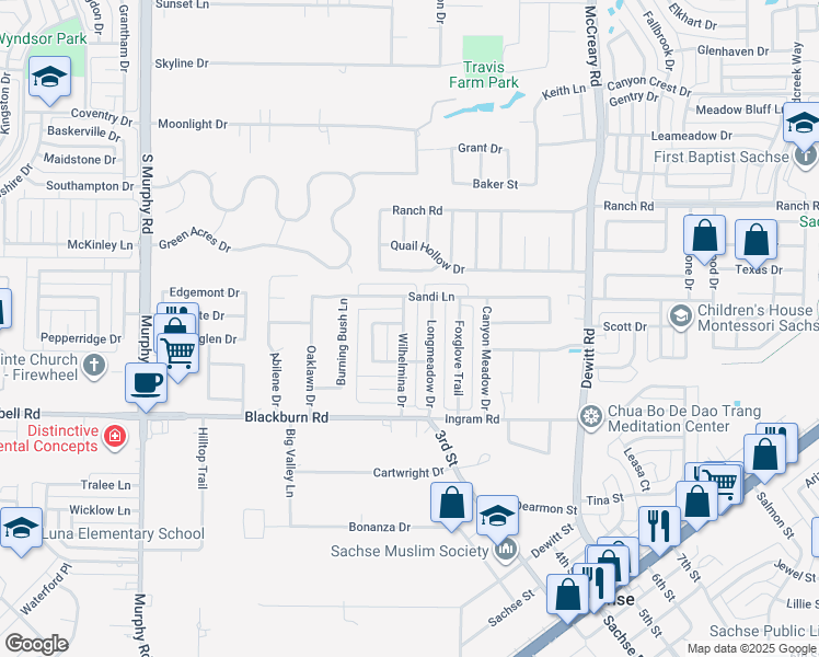 map of restaurants, bars, coffee shops, grocery stores, and more near 7004 Wilhelmina Drive in Garland