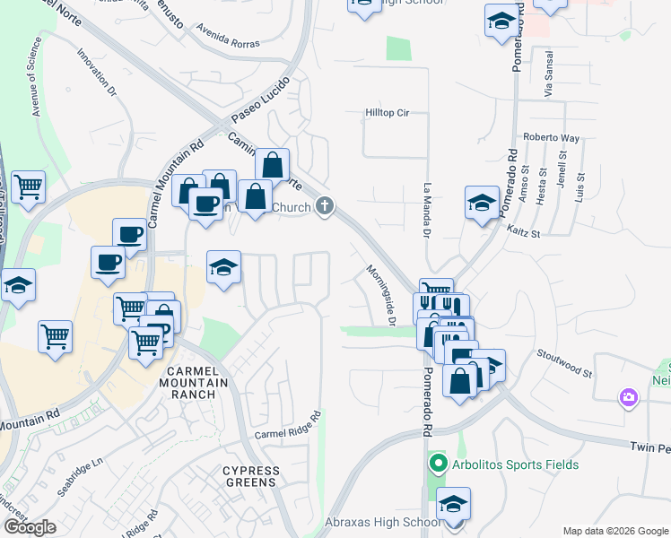 map of restaurants, bars, coffee shops, grocery stores, and more near 12210 Greentree Drive in Poway