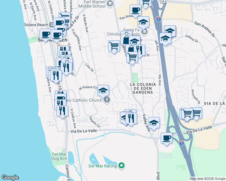 map of restaurants, bars, coffee shops, grocery stores, and more near 665 South Nardo Avenue in Solana Beach