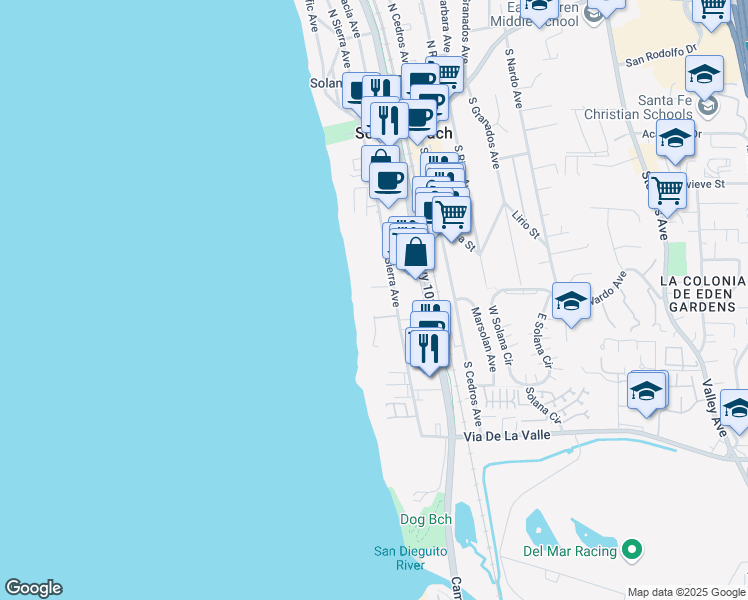 map of restaurants, bars, coffee shops, grocery stores, and more near 515 South Sierra Avenue in Solana Beach