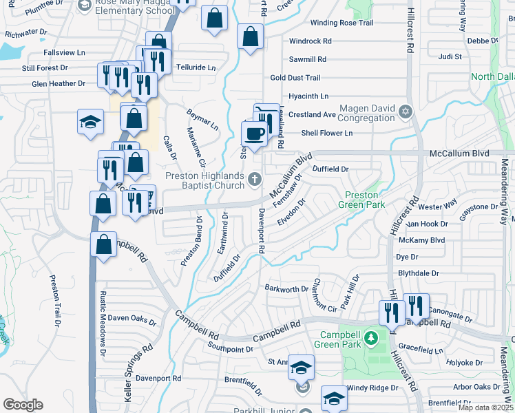 map of restaurants, bars, coffee shops, grocery stores, and more near 6601 Fernshaw Drive in Dallas