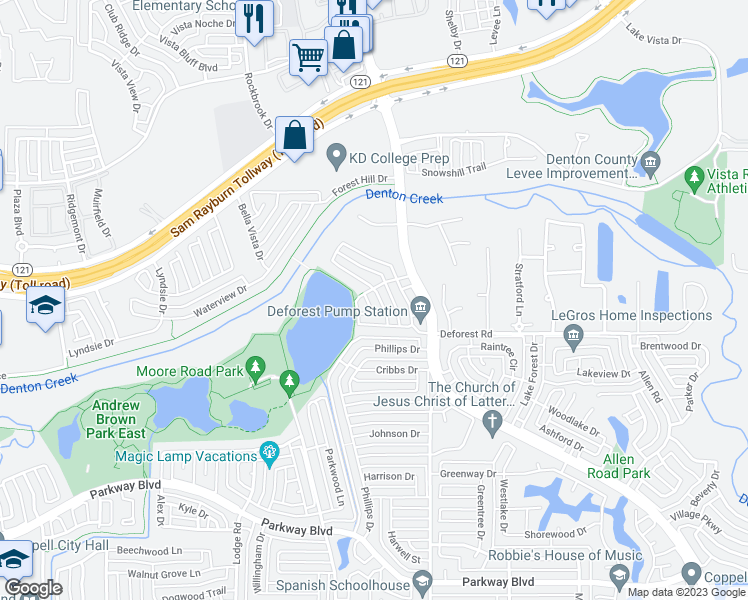 map of restaurants, bars, coffee shops, grocery stores, and more near 643 Lake Park Drive in Coppell