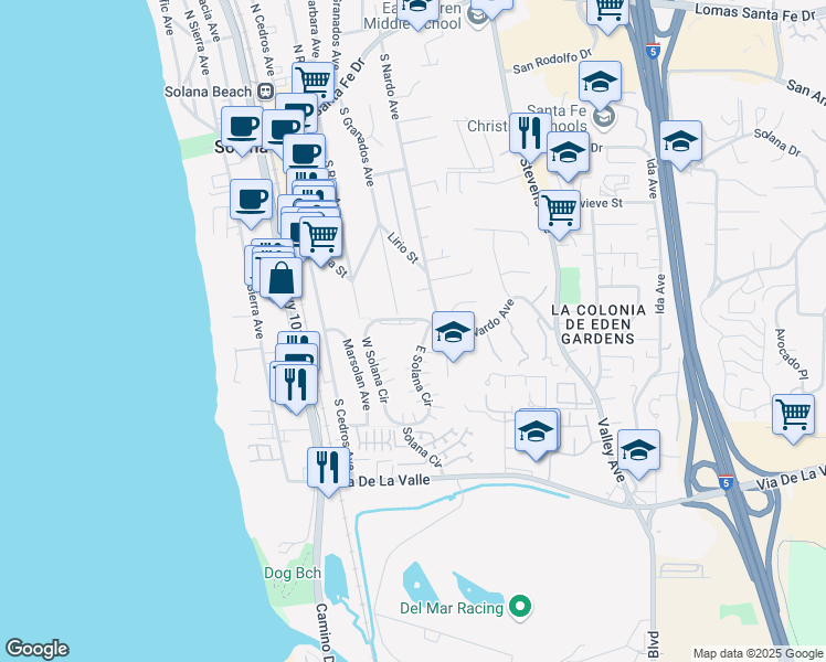 map of restaurants, bars, coffee shops, grocery stores, and more near 620 West Solana Circle in Solana Beach