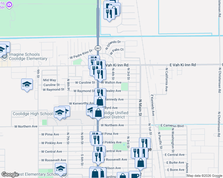 map of restaurants, bars, coffee shops, grocery stores, and more near 404 West Bealey Avenue in Coolidge