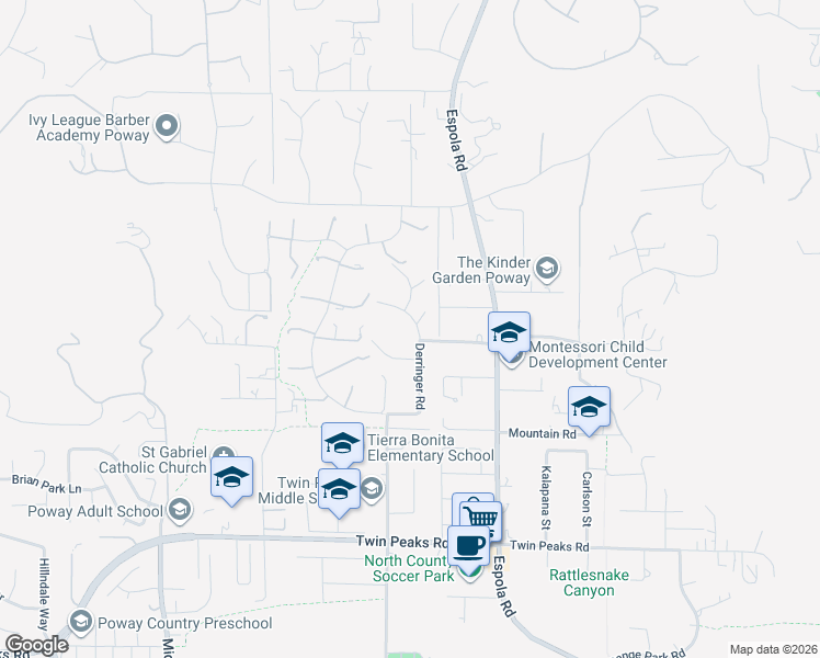 map of restaurants, bars, coffee shops, grocery stores, and more near 14922 Derringer Road in Poway