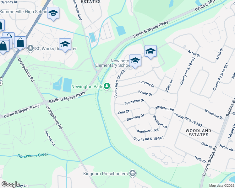 map of restaurants, bars, coffee shops, grocery stores, and more near 105 Boone Drive in Summerville