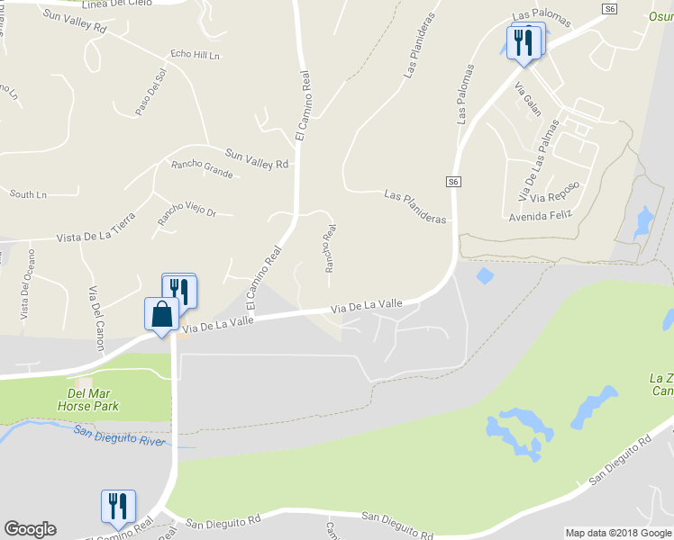 map of restaurants, bars, coffee shops, grocery stores, and more near 14915 Rancho Real in Del Mar