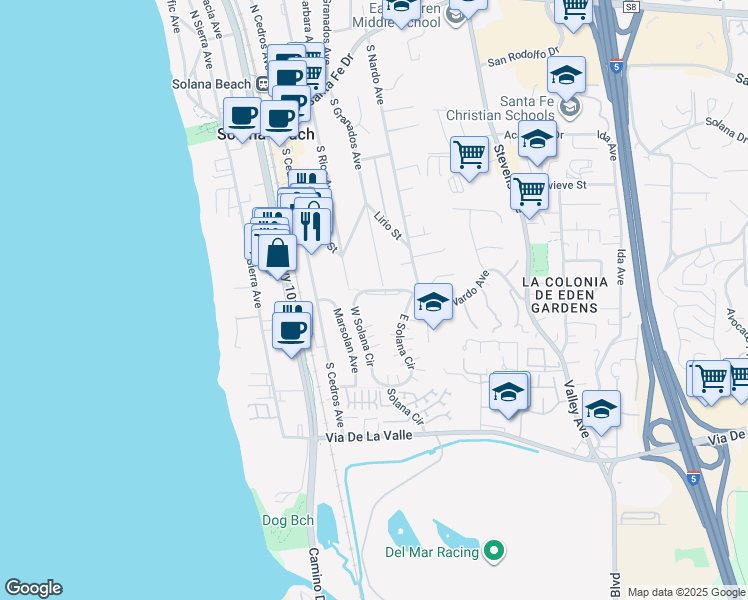 map of restaurants, bars, coffee shops, grocery stores, and more near 680 West Solana Circle in Solana Beach