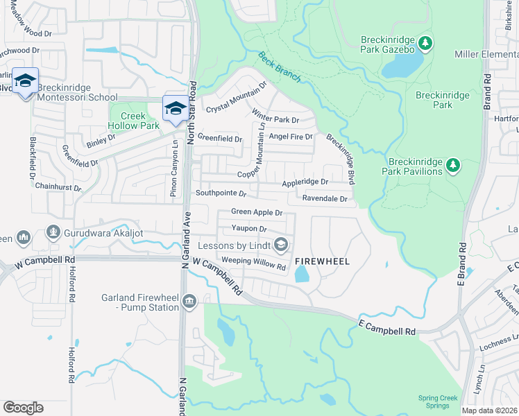 map of restaurants, bars, coffee shops, grocery stores, and more near 601 Green Apple Drive in Garland