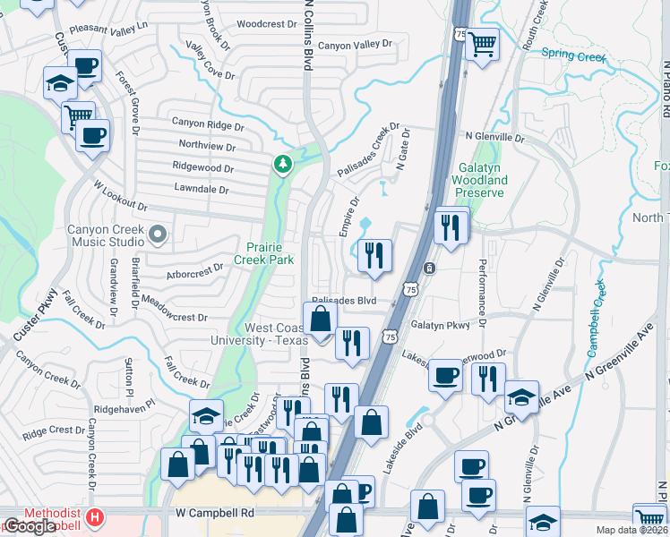 map of restaurants, bars, coffee shops, grocery stores, and more near 2456 Cathedral Drive in Richardson