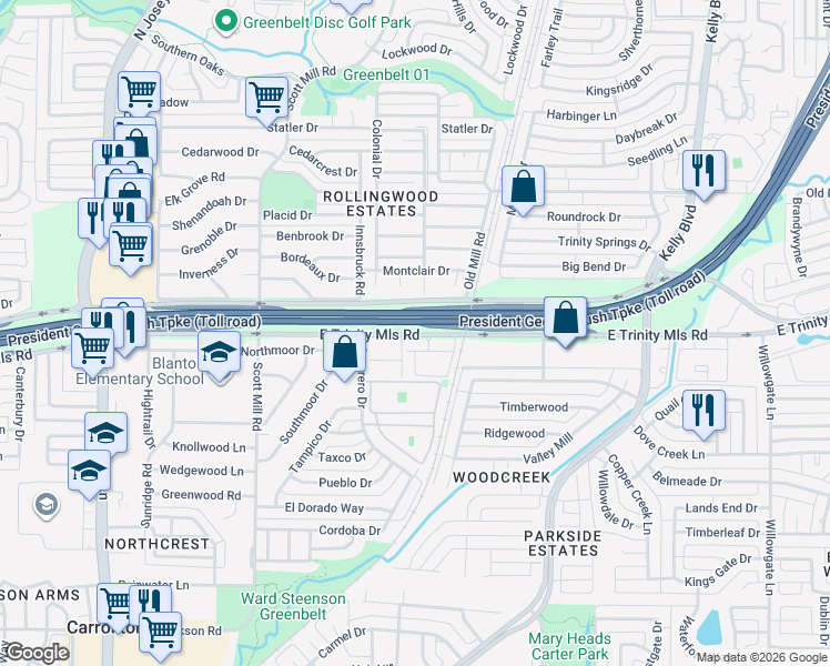 map of restaurants, bars, coffee shops, grocery stores, and more near 2240 East Trinity Mills Road in Carrollton