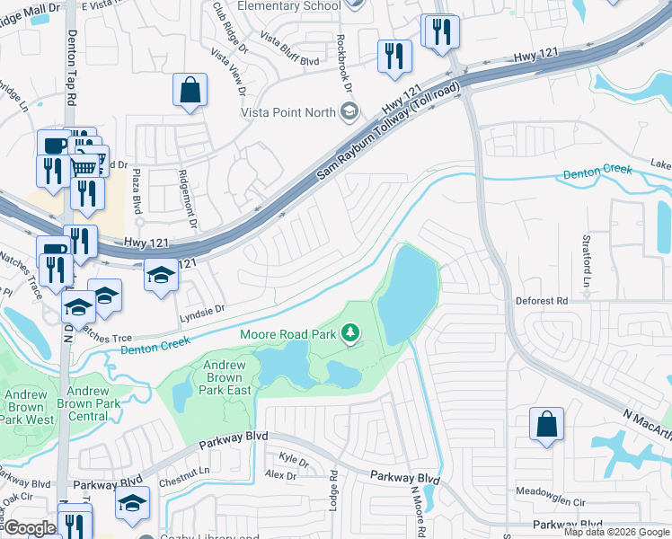 map of restaurants, bars, coffee shops, grocery stores, and more near 425 Waterview Drive in Coppell