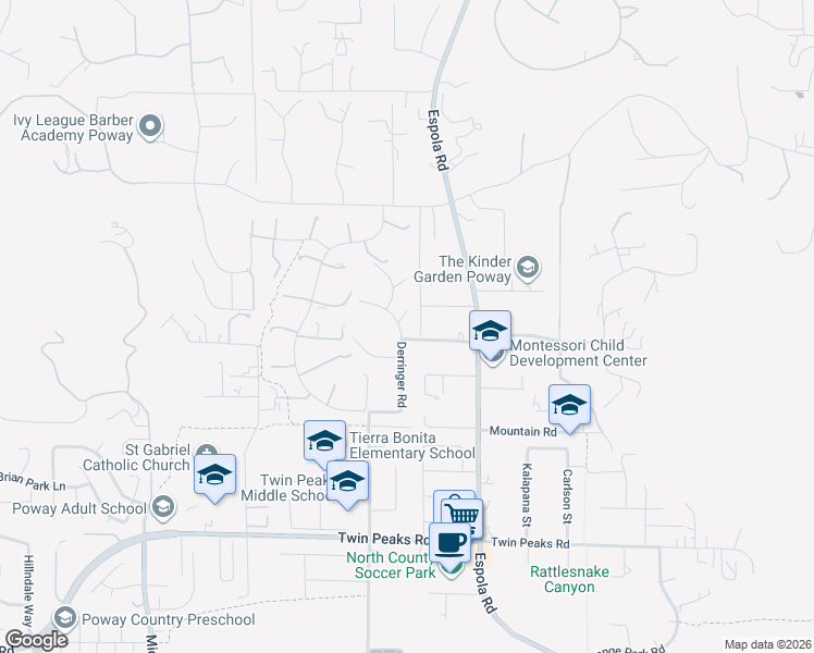 map of restaurants, bars, coffee shops, grocery stores, and more near 14104 Durhullen Drive in Poway