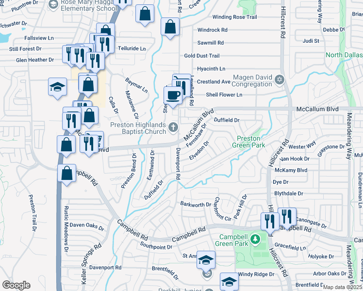 map of restaurants, bars, coffee shops, grocery stores, and more near 6601 Fernshaw Drive in Dallas
