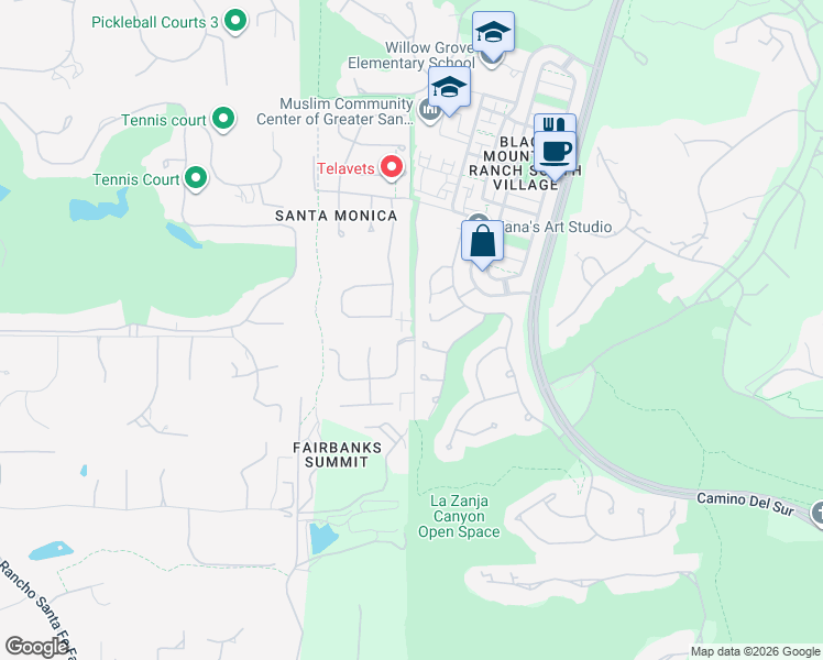 map of restaurants, bars, coffee shops, grocery stores, and more near 14520 Camino De La Luna in San Diego