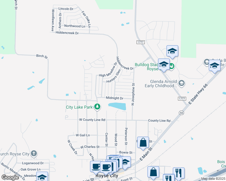 map of restaurants, bars, coffee shops, grocery stores, and more near 1213 Maverick Lane in Royse City
