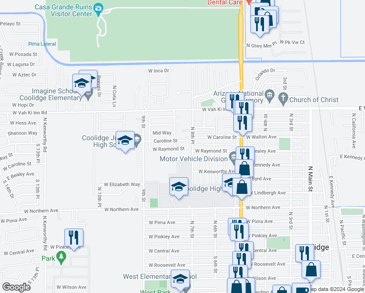 map of restaurants, bars, coffee shops, grocery stores, and more near 702 West Raymond Street in Coolidge