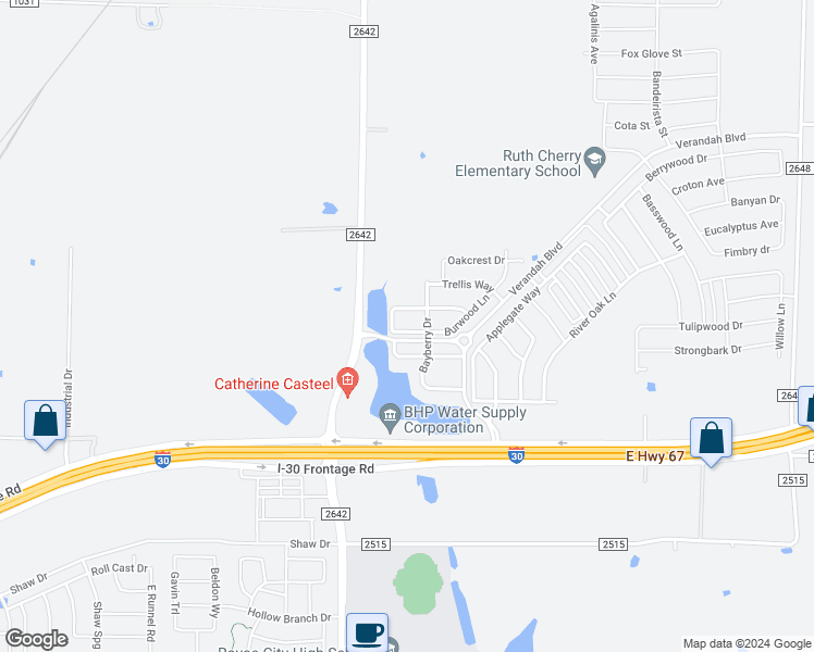 map of restaurants, bars, coffee shops, grocery stores, and more near 2912 Burwood Lane in Royse City