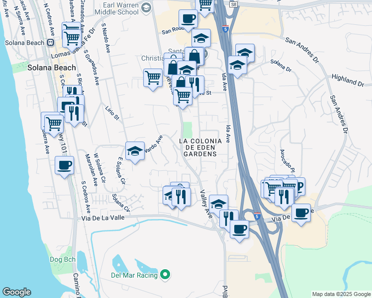 map of restaurants, bars, coffee shops, grocery stores, and more near 802 1/2 Stevens Avenue in Solana Beach