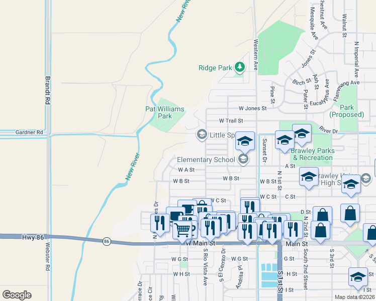 map of restaurants, bars, coffee shops, grocery stores, and more near 455 Magnolia Street in Brawley
