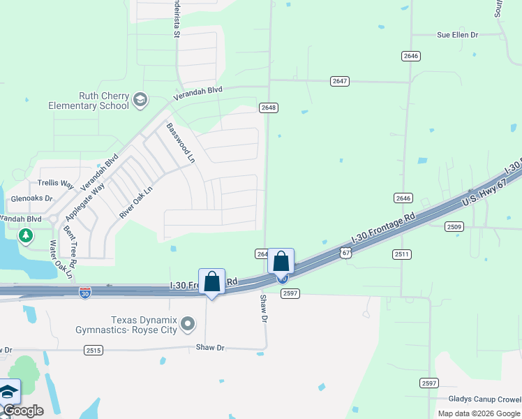 map of restaurants, bars, coffee shops, grocery stores, and more near 2128 Strongbark Drive in Royse City