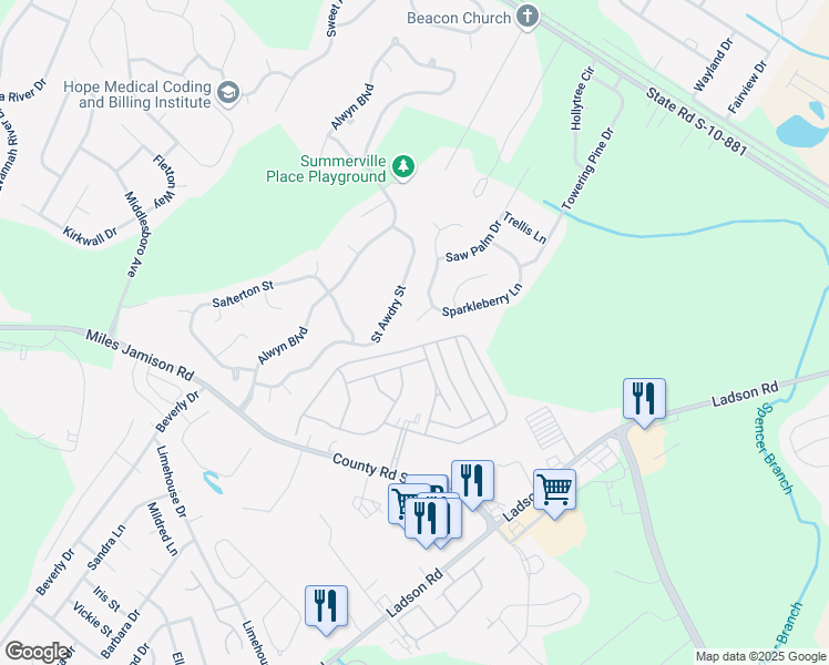 map of restaurants, bars, coffee shops, grocery stores, and more near 224 Rice Circle in Ladson