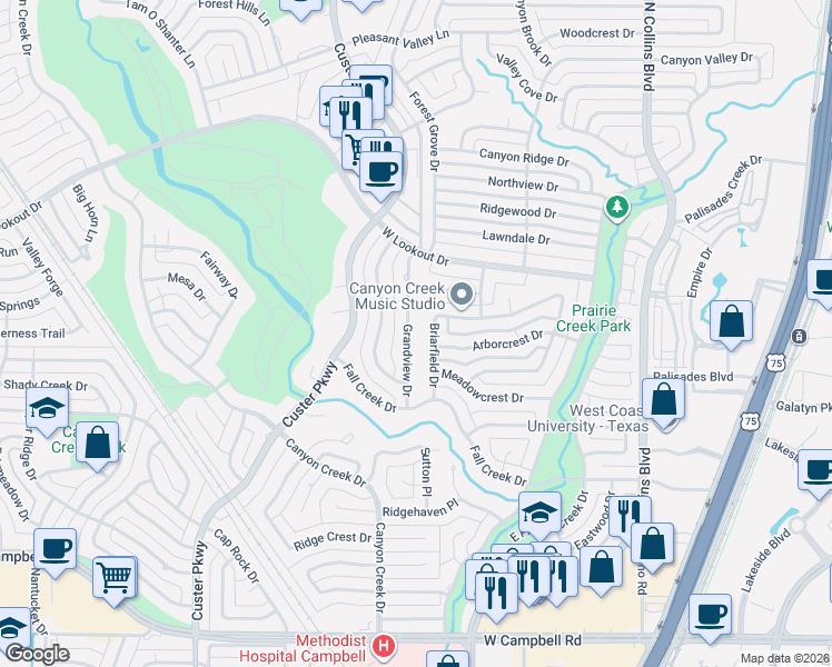 map of restaurants, bars, coffee shops, grocery stores, and more near 2416 Grandview Drive in Richardson