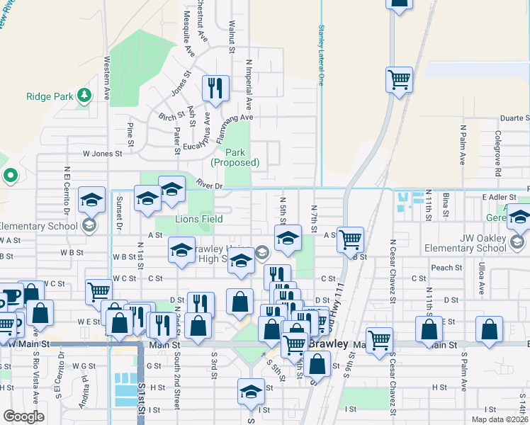 map of restaurants, bars, coffee shops, grocery stores, and more near 23 Trail Street in Brawley
