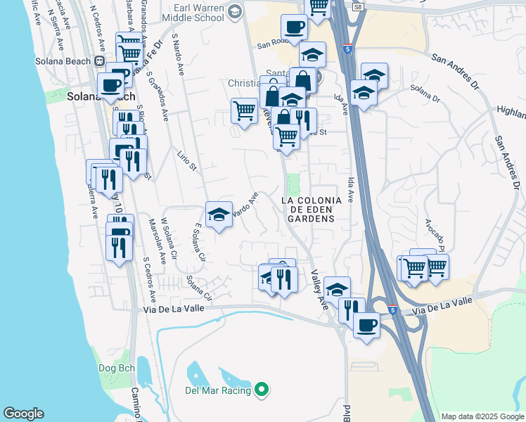 map of restaurants, bars, coffee shops, grocery stores, and more near 709 South Nardo Avenue in Solana Beach