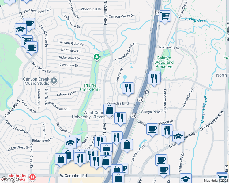 map of restaurants, bars, coffee shops, grocery stores, and more near 2456 Cathedral Drive in Richardson