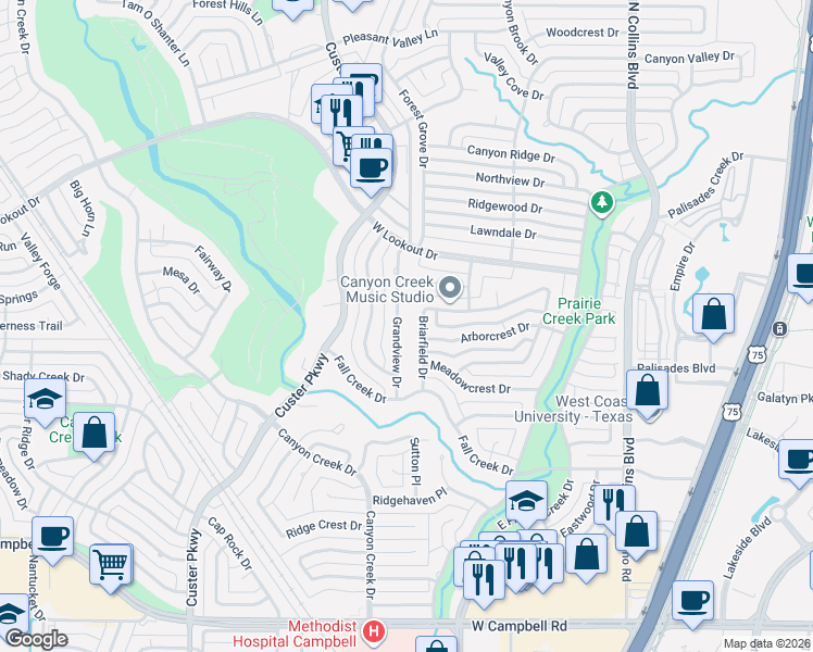 map of restaurants, bars, coffee shops, grocery stores, and more near 2416 Grandview Drive in Richardson