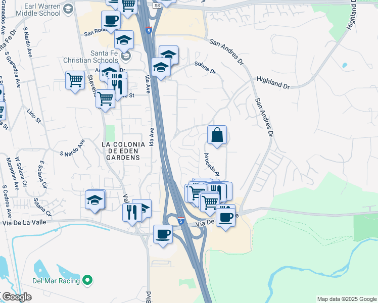 map of restaurants, bars, coffee shops, grocery stores, and more near 1034 America Way in Del Mar
