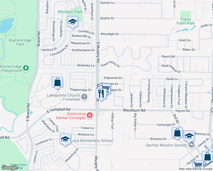 map of restaurants, bars, coffee shops, grocery stores, and more near 1213 Westglen Drive in Sachse