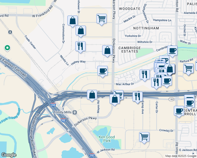 map of restaurants, bars, coffee shops, grocery stores, and more near 1428 Mac Arthur Drive in Carrollton