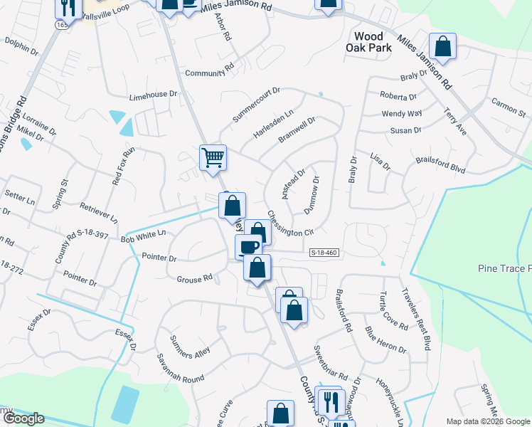 map of restaurants, bars, coffee shops, grocery stores, and more near 317 Chessington Circle in Summerville
