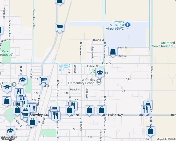 map of restaurants, bars, coffee shops, grocery stores, and more near 630 North Palm Drive in Brawley