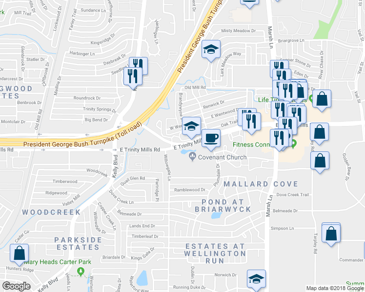 map of restaurants, bars, coffee shops, grocery stores, and more near 2660 E Trinity Mills Rd in Carrollton