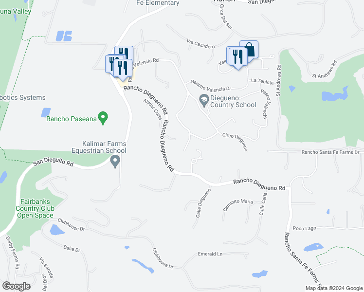 map of restaurants, bars, coffee shops, grocery stores, and more near 5974 Rancho Diegueno Road in Rancho Santa Fe