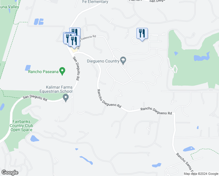 map of restaurants, bars, coffee shops, grocery stores, and more near 5974 Rancho Diegueno Road in Rancho Santa Fe
