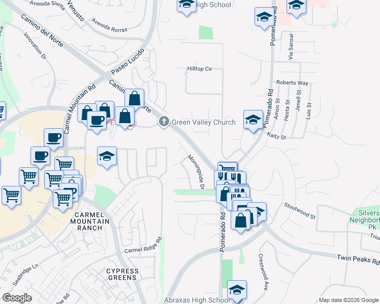 map of restaurants, bars, coffee shops, grocery stores, and more near 14891 Morningside Drive in Poway