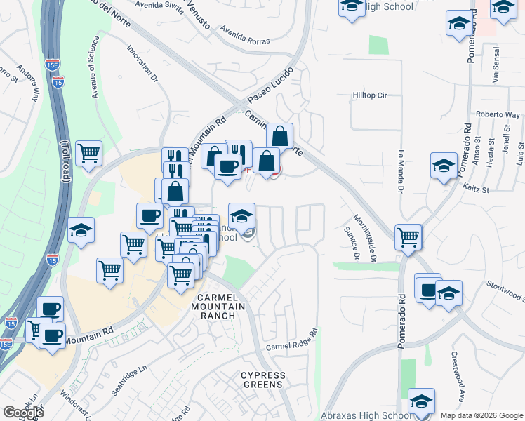 map of restaurants, bars, coffee shops, grocery stores, and more near 14874 Werris Creek Lane in San Diego