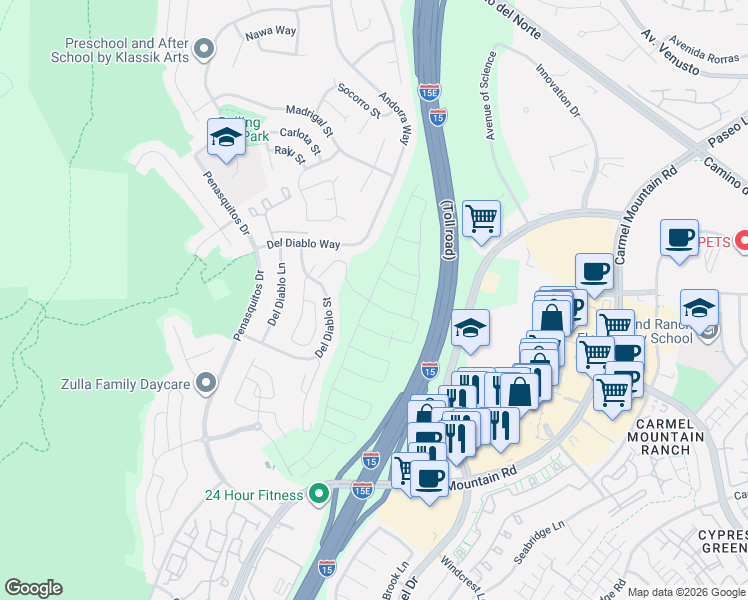 map of restaurants, bars, coffee shops, grocery stores, and more near 11239 Del Diablo St in San Diego