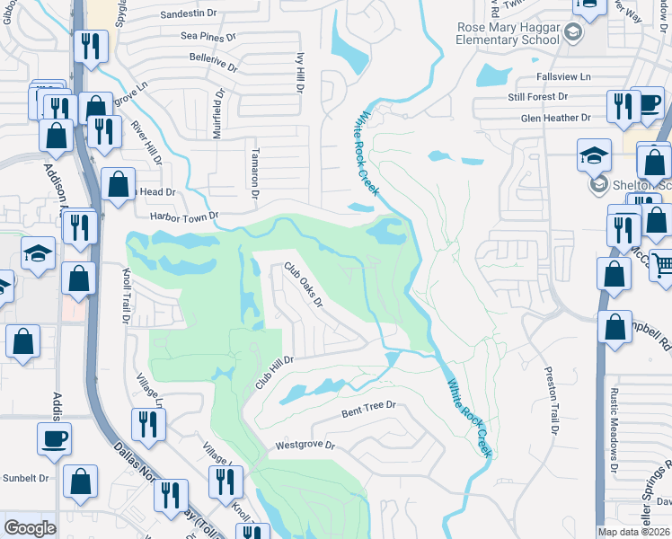map of restaurants, bars, coffee shops, grocery stores, and more near 5947 Club Oaks Drive in Dallas