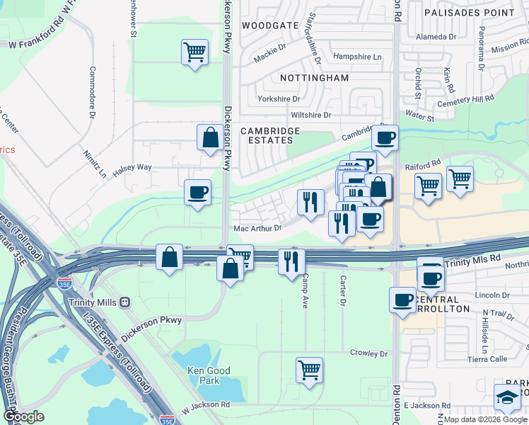 map of restaurants, bars, coffee shops, grocery stores, and more near 1330 Mac Arthur Drive in Carrollton