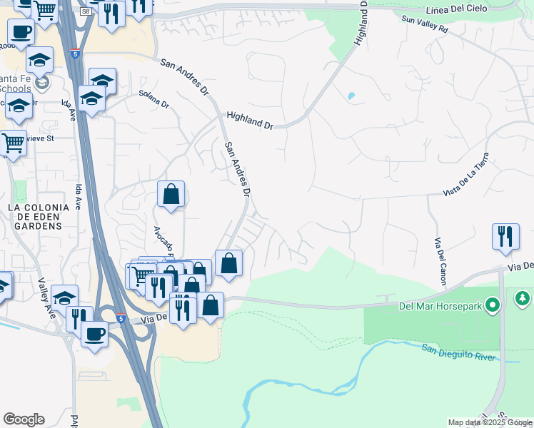 map of restaurants, bars, coffee shops, grocery stores, and more near 3040 Caminito Tercer Verde in Del Mar