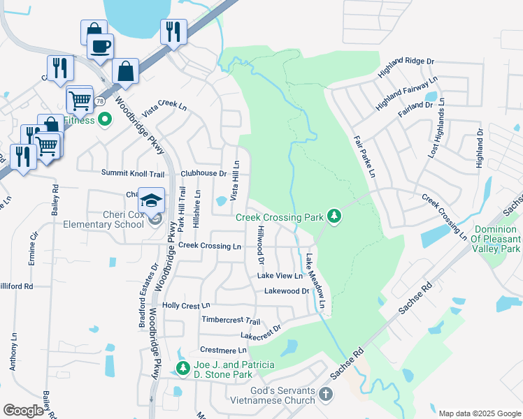 map of restaurants, bars, coffee shops, grocery stores, and more near 6315 Hillview Lane in Sachse